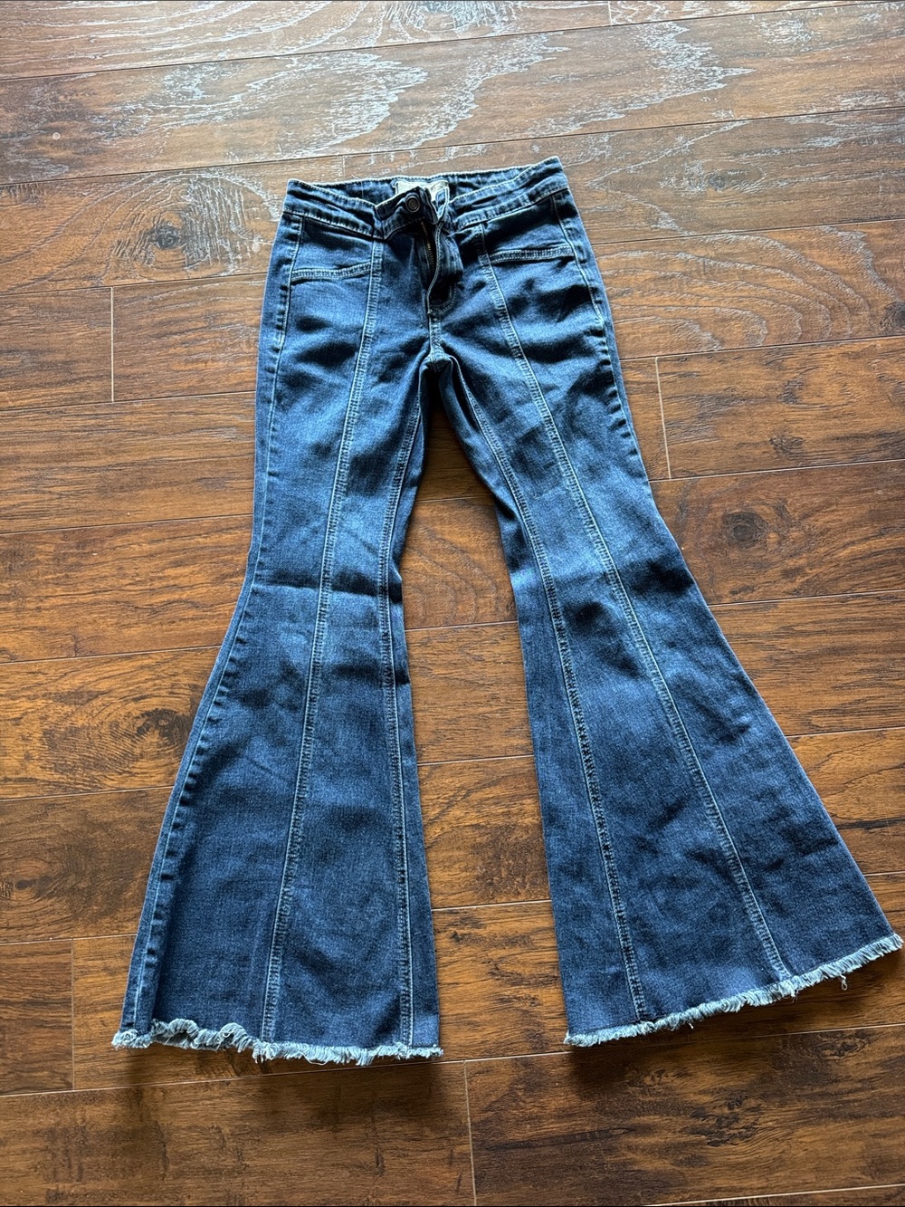 Girls' Dark Blue Flared Jeans with Frayed Hem